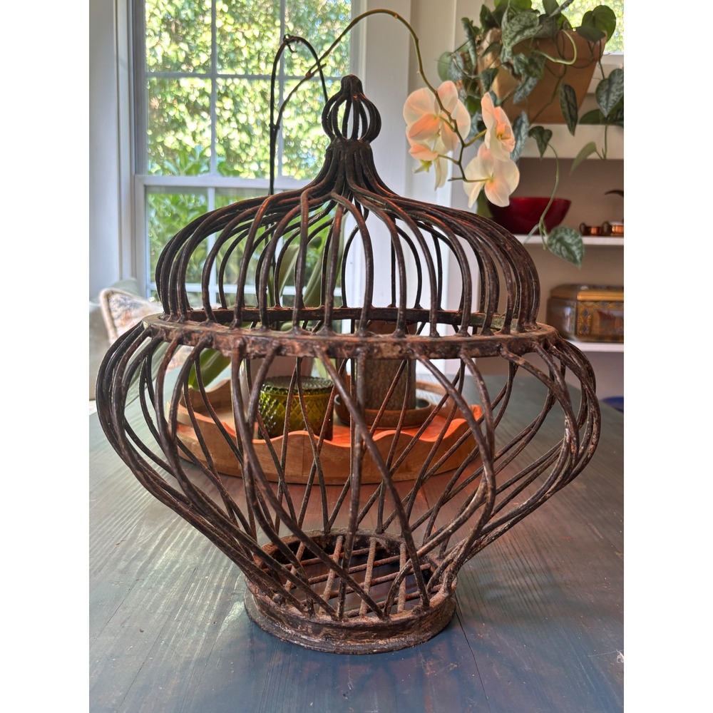 Vintage Rustic Wrought Iron Bird Cage Dark Brown ~  2 pieces - Picture 11 of 11